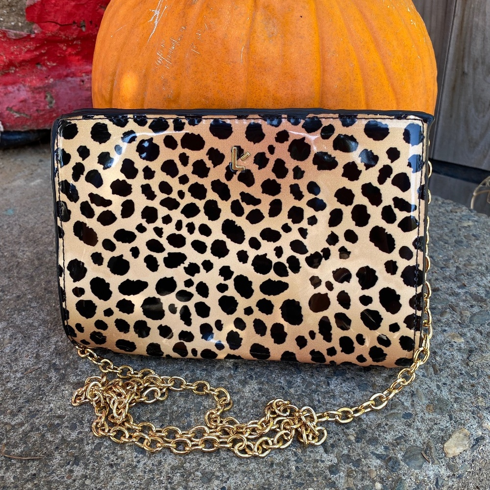 Larroude Erin Clutch Cheetah Print Vegan Patent Leather